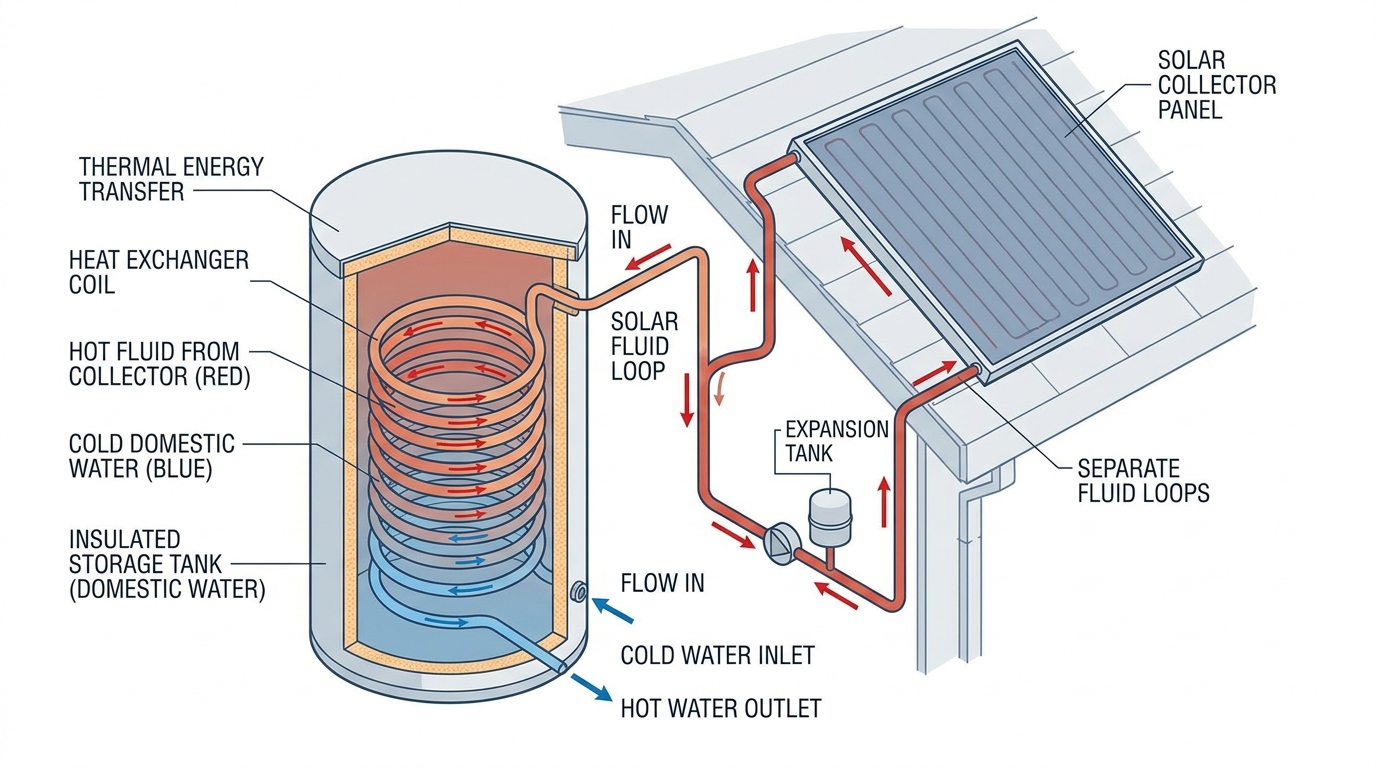 Solar heat exchanger diagram showing separate fluid loops, collector panel, expansion tank, insulated storage tank and domestic hot water transfer